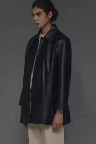 Women’s classic mid-length belted leather black trench-style coat