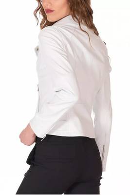 Women’s white lambskin leather biker jacket straight zipper detail 2