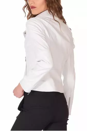 Women’s white lambskin leather biker jacket straight zipper detail