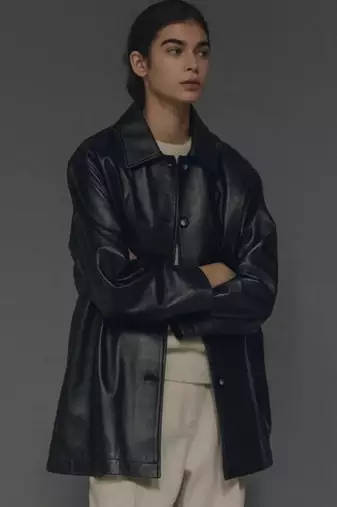 Women’s classic mid-length belted leather black trench-style coat