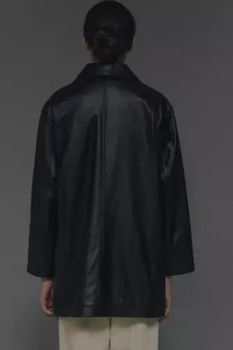 Women’s classic mid-length belted leather black trench-style coat