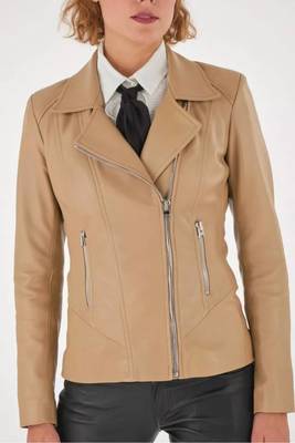 Women’s beige lambskin leather biker jacket straight zipper detail 1