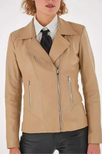 Women’s beige lambskin leather biker jacket straight zipper detail