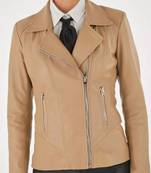 Women’s beige lambskin leather biker jacket straight zipper detail