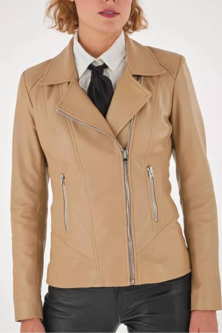 Women’s beige lambskin leather biker jacket straight zipper detail