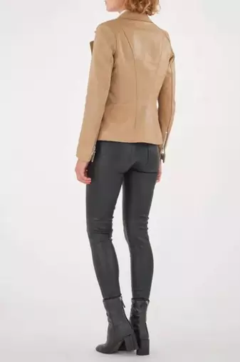 Women’s beige lambskin leather biker jacket straight zipper detail