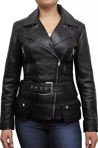 Women’s black lambskin leather jacket -asymmetrical  zipper detail & waist belt style