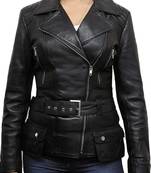 Women’s black lambskin leather jacket -asymmetrical  zipper detail & waist belt style