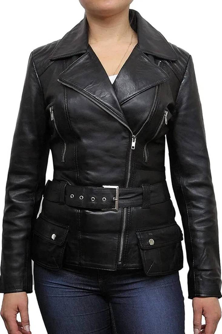 Women’s black lambskin leather jacket -asymmetrical  zipper detail & waist belt style