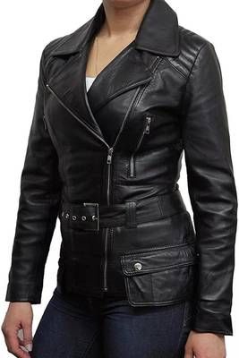 Women’s black lambskin leather jacket -asymmetrical  zipper detail & waist belt style 2