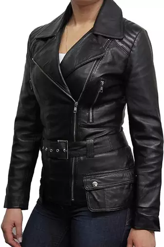 Women’s black lambskin leather jacket -asymmetrical  zipper detail & waist belt style