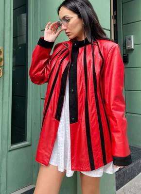 Women’s mid-length leather coat red black trench style 1