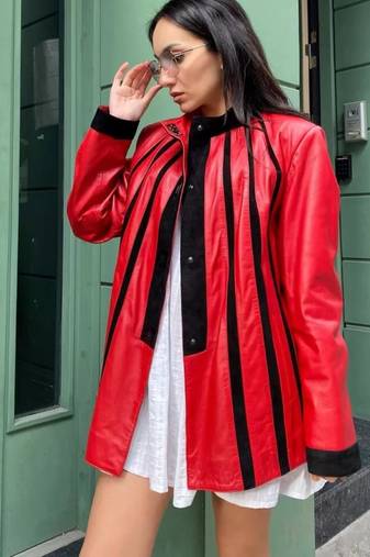Women’s mid-length leather coat red black trench style
