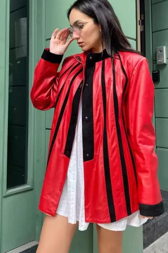 Women’s mid-length leather coat red black trench style