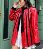 Women’s mid-length leather coat red black trench style