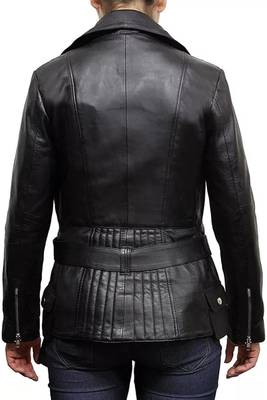 Women’s black lambskin leather jacket -asymmetrical  zipper detail & waist belt style 3