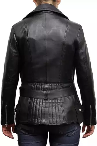 Women’s black lambskin leather jacket -asymmetrical  zipper detail & waist belt style