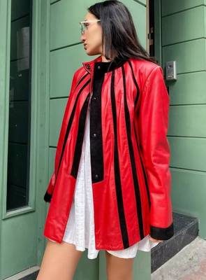 Women’s mid-length leather coat red black trench style 2