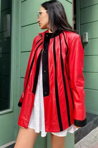 Women’s mid-length leather coat red black trench style