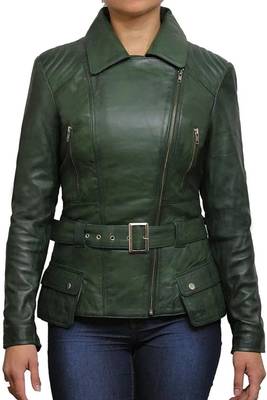 Women’s green leather jacket -asymmetrical zipper detail stylish look 1