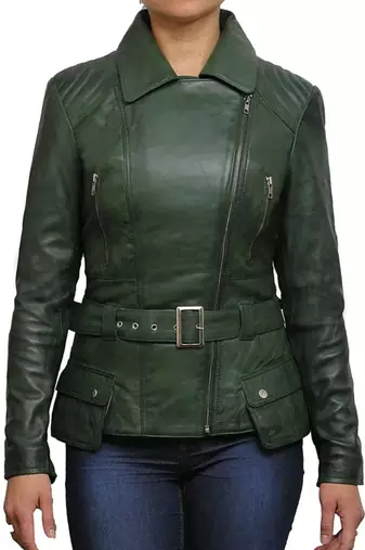 Women’s green leather jacket -asymmetrical zipper detail stylish look