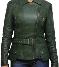 Women’s green leather jacket -asymmetrical zipper detail stylish look