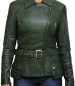 Women’s green leather jacket -asymmetrical zipper detail stylish look