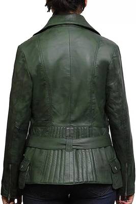 Women’s green leather jacket -asymmetrical zipper detail stylish look 3