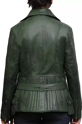 Women’s green leather jacket -asymmetrical zipper detail stylish look