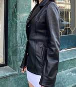 Women’s mid-length leather coat black trench style zipper coat