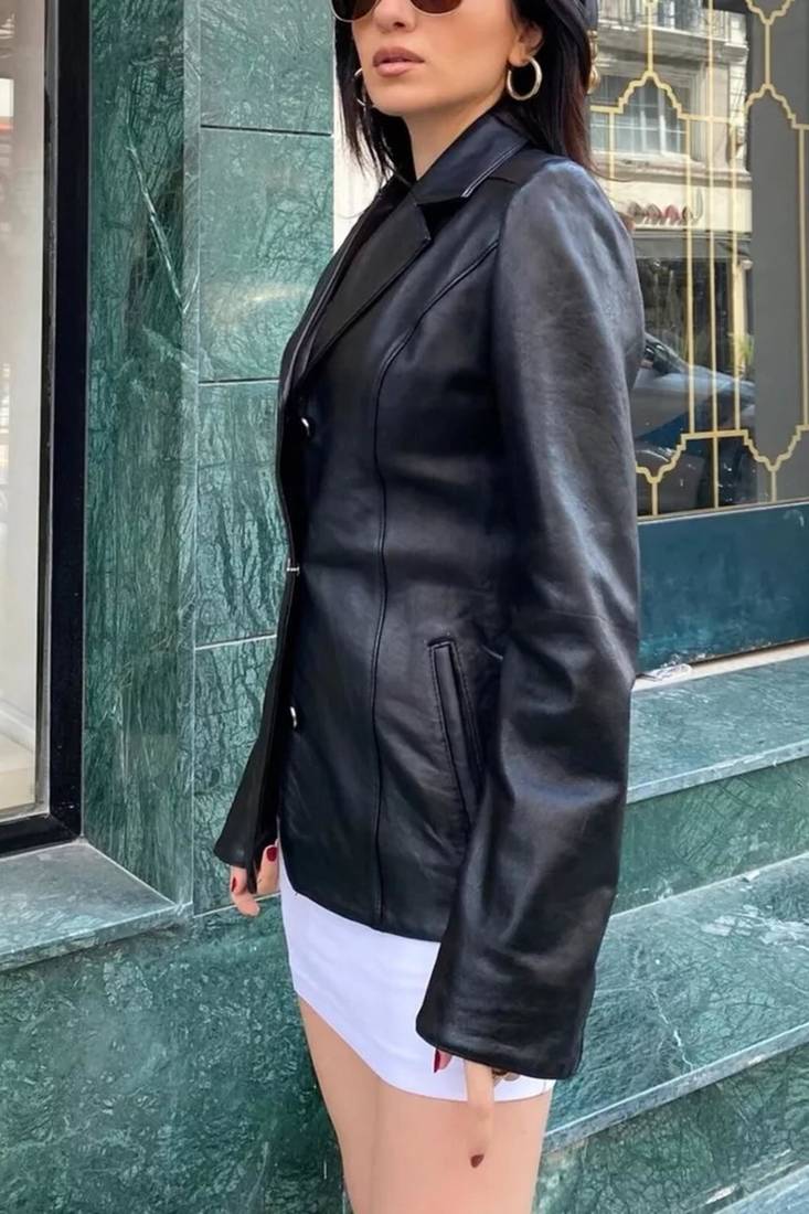 Women’s mid-length leather coat black trench style zipper coat
