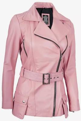 Women’s pink leather jacket -asymmetrical zipper detail stylish look 1