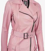 Women’s pink leather jacket -asymmetrical zipper detail stylish look