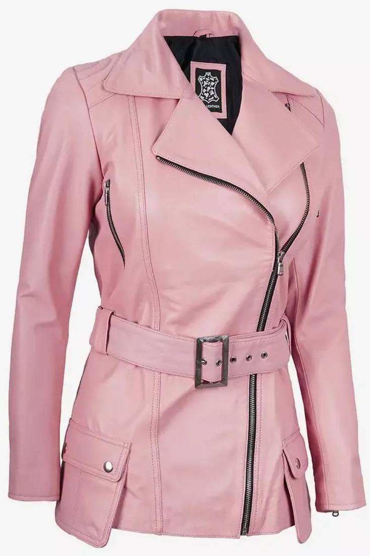 Women’s pink leather jacket -asymmetrical zipper detail stylish look