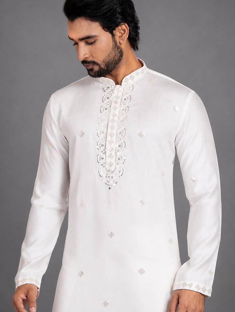 Cream art silk kurta pant
