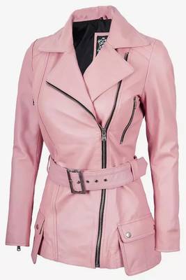 Women’s pink leather jacket -asymmetrical zipper detail stylish look 2