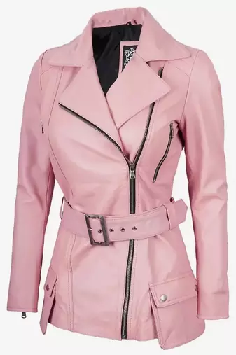 Women’s pink leather jacket -asymmetrical zipper detail stylish look
