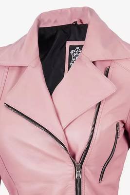 Women’s pink leather jacket -asymmetrical zipper detail stylish look 3