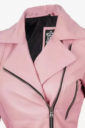 Women’s pink leather jacket -asymmetrical zipper detail stylish look