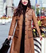 Women’s full-length safari-inspired leather trench coat burnished warm cognac brown