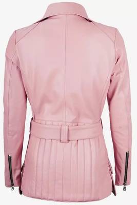Women’s pink leather jacket -asymmetrical zipper detail stylish look 4
