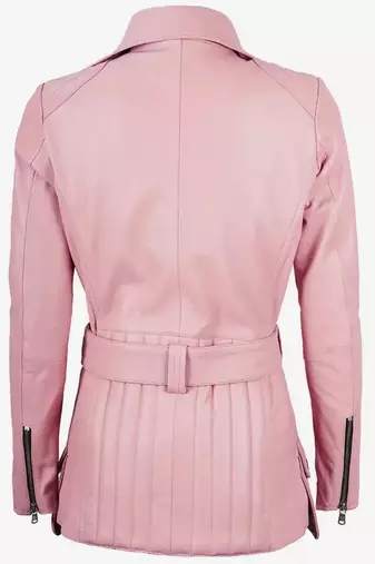 Women’s pink leather jacket -asymmetrical zipper detail stylish look