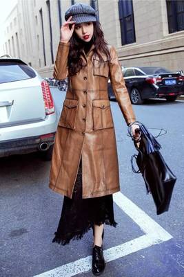 Women’s full-length safari-inspired leather trench coat burnished warm cognac brown 2