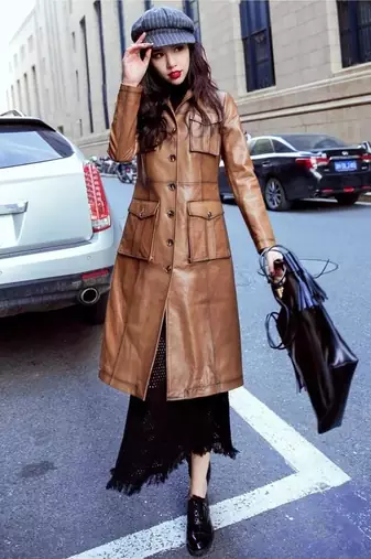 Women’s full-length safari-inspired leather trench coat burnished warm cognac brown