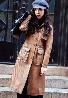 Women’s full-length safari-inspired leather trench coat burnished warm cognac brown 3