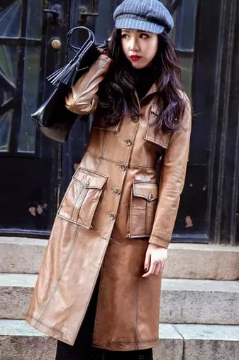 Women’s full-length safari-inspired leather trench coat burnished warm cognac brown