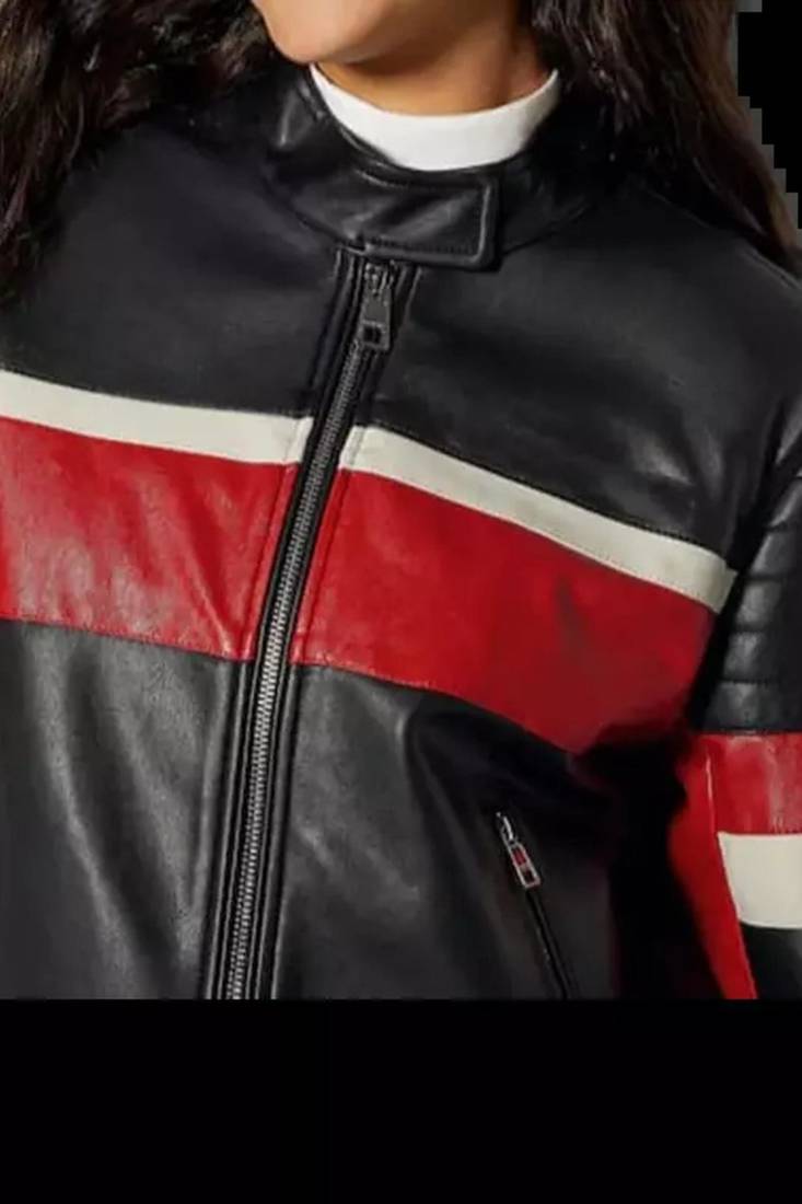 Women’s black-red lambskin leather jacket biker jacket