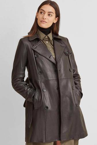 Women’s tailored mid-to-longline leather trench coat deep espresso brown