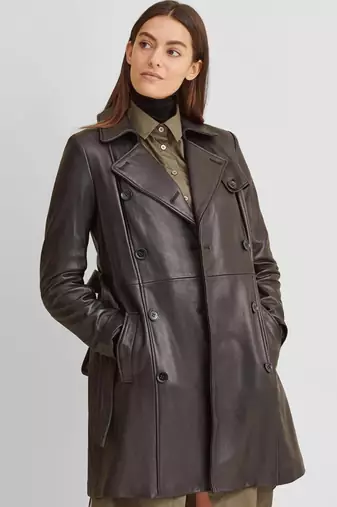 Women’s tailored mid-to-longline leather trench coat deep espresso brown