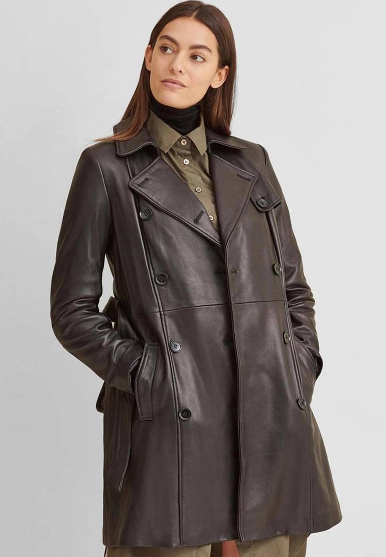 Women’s tailored mid-to-longline leather trench coat deep espresso brown